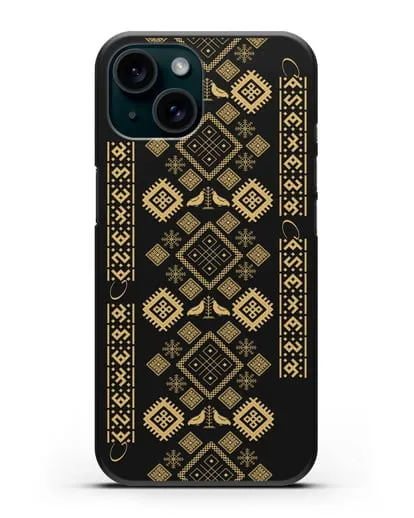 Чехол с белорусским золотым орнаментом и женскими символами силиконовый для iPhone 15