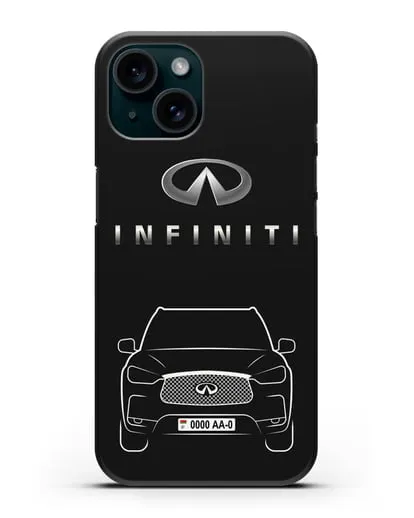 Чехол Infiniti QX с номерным знаком силиконовый для iPhone 15