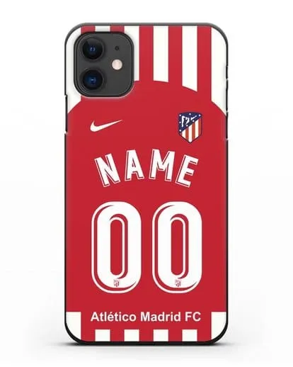 Именной чехол FC Atletico Madrid с фамилией и номером красно-белая форма силиконовый для iPhone 11