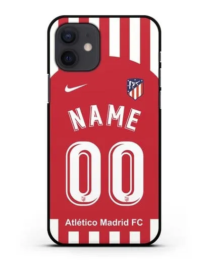 Именной чехол FC Atletico Madrid с фамилией и номером красно-белая форма силиконовый для iPhone 12