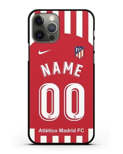Именной чехол FC Atletico Madrid с фамилией и номером красно-белая форма силиконовый для iPhone 12 Pro