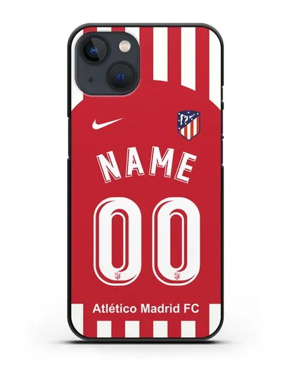 Именной чехол FC Atletico Madrid с фамилией и номером красно-белая форма силиконовый для iPhone 13 Mini