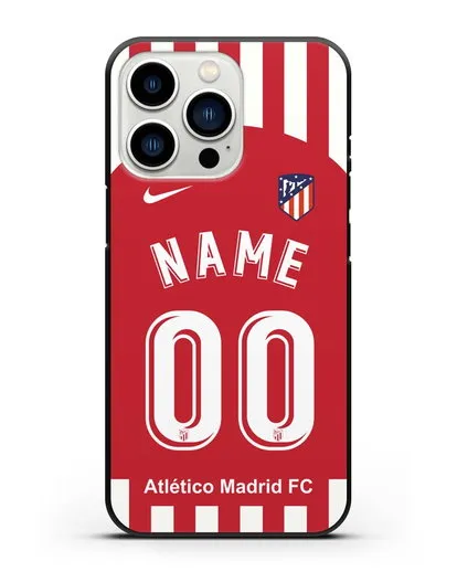 Именной чехол FC Atletico Madrid с фамилией и номером красно-белая форма силиконовый для iPhone 13 Pro