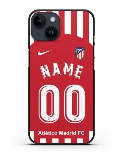 Именной чехол FC Atletico Madrid с фамилией и номером красно-белая форма силиконовый для iPhone 14