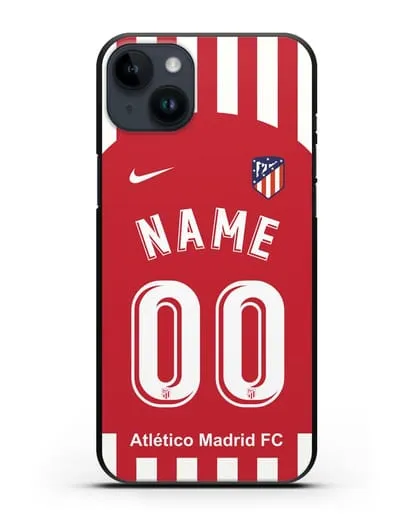 Именной чехол FC Atletico Madrid с фамилией и номером красно-белая форма силиконовый для iPhone 14 Plus
