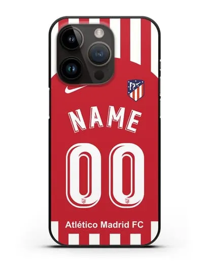 Именной чехол FC Atletico Madrid с фамилией и номером красно-белая форма силиконовый для iPhone 14 Pro