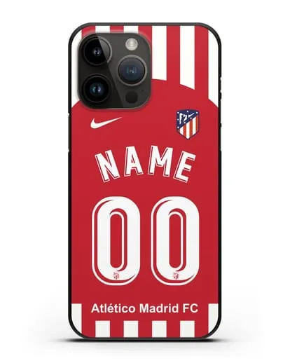 Именной чехол FC Atletico Madrid с фамилией и номером красно-белая форма силиконовый для iPhone 14 Pro Max