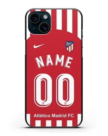 Именной чехол FC Atletico Madrid с фамилией и номером красно-белая форма силиконовый для iPhone 15 Plus
