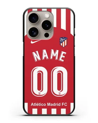 Именной чехол FC Atletico Madrid с фамилией и номером красно-белая форма силиконовый для iPhone 15 Pro