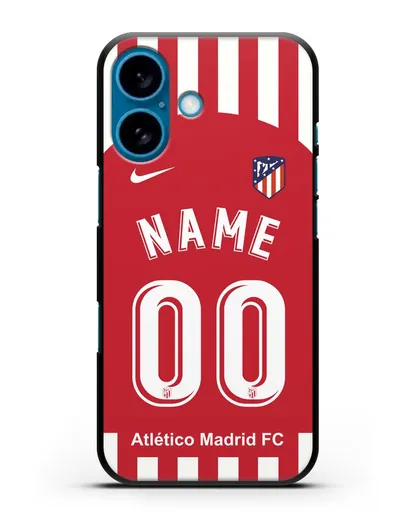 Именной чехол FC Atletico Madrid с фамилией и номером красно-белая форма силиконовый для iPhone 16