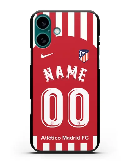 Именной чехол FC Atletico Madrid с фамилией и номером красно-белая форма силиконовый для iPhone 16 Plus