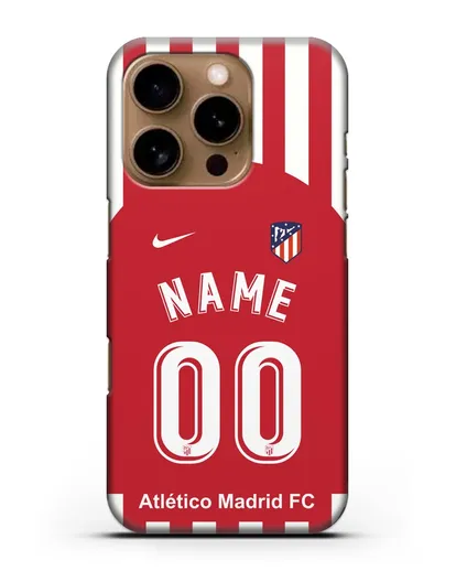 Именной чехол FC Atletico Madrid с фамилией и номером красно-белая форма силиконовый для iPhone 16 Pro