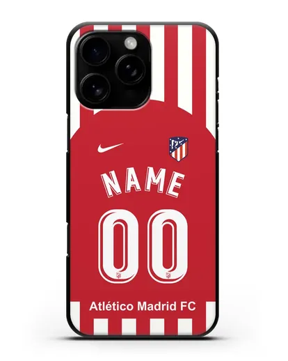 Именной чехол FC Atletico Madrid с фамилией и номером красно-белая форма силиконовый для iPhone 16 Pro Max