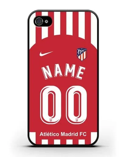 Именной чехол FC Atletico Madrid с фамилией и номером красно-белая форма силиконовый для iPhone 4/4s
