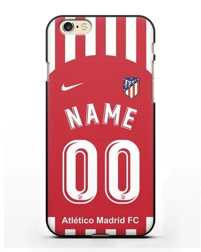 Именной чехол FC Atletico Madrid с фамилией и номером красно-белая форма силиконовый для iPhone 6s