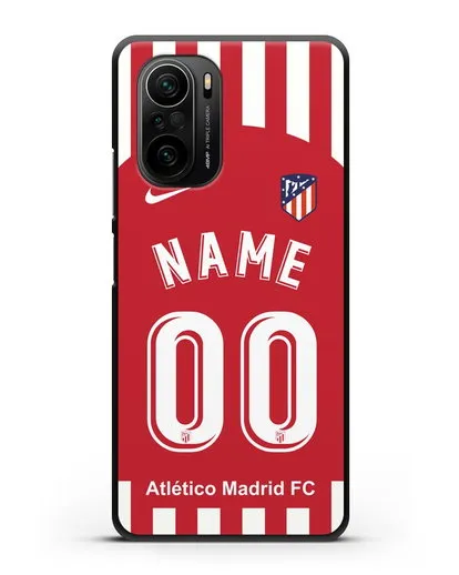 Именной чехол FC Atletico Madrid с фамилией и номером красно-белая форма силиконовый для Xiaomi Poco F3