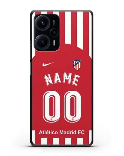 Именной чехол FC Atletico Madrid с фамилией и номером красно-белая форма силиконовый для Xiaomi Poco F5