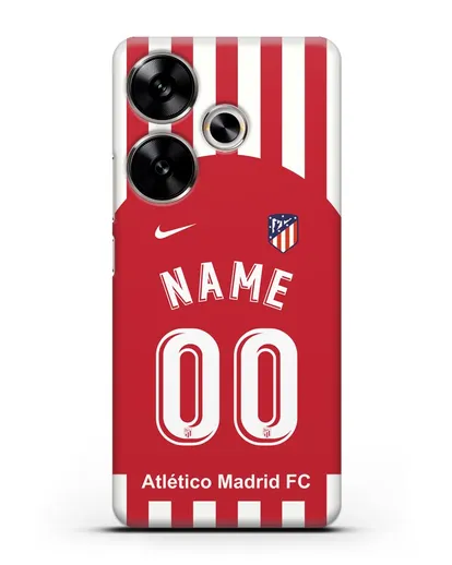 Именной чехол FC Atletico Madrid с фамилией и номером красно-белая форма силиконовый для Xiaomi Poco F6