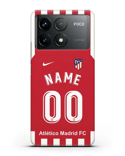Именной чехол FC Atletico Madrid с фамилией и номером красно-белая форма силиконовый для Xiaomi Poco F6 Pro