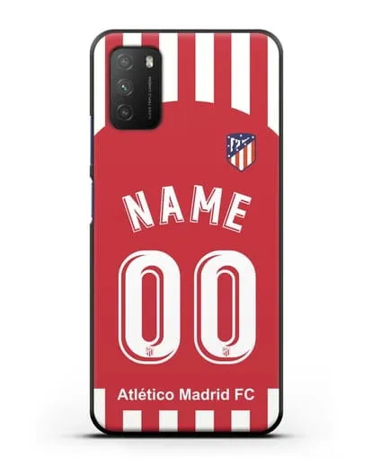 Именной чехол FC Atletico Madrid с фамилией и номером красно-белая форма силиконовый для Xiaomi Poco M3