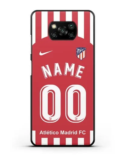 Именной чехол FC Atletico Madrid с фамилией и номером красно-белая форма силиконовый для Xiaomi Poco X3