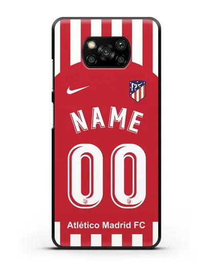 Именной чехол FC Atletico Madrid с фамилией и номером красно-белая форма силиконовый для Xiaomi Poco X3 Pro