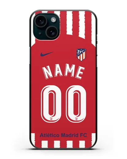 Именной чехол ФК Атлетико Мадрид с фамилией и номером (сезон 2020-2021) домашняя форма силиконовый для iPhone 15 Plus