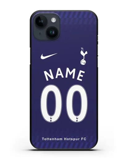 Именной чехол FC Tottenham с фамилией и номером синяя форма силиконовый для iPhone 14 Plus