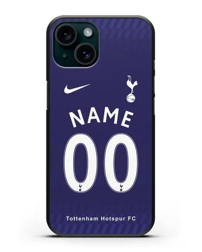 Именной чехол FC Tottenham с фамилией и номером синяя форма силиконовый для iPhone 15