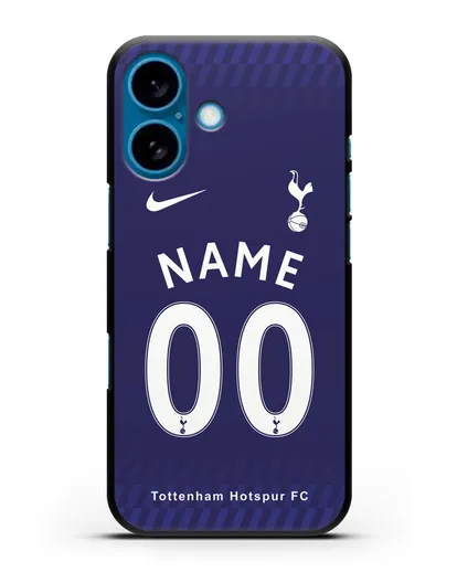 Именной чехол FC Tottenham с фамилией и номером синяя форма силиконовый для iPhone 16