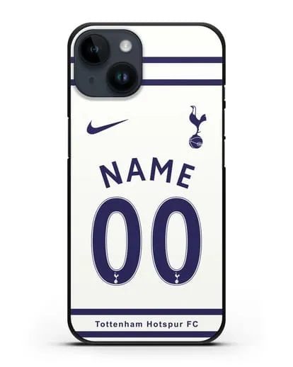 Именной чехол FC Tottenham с фамилией и номером белая форма силиконовый для iPhone 14