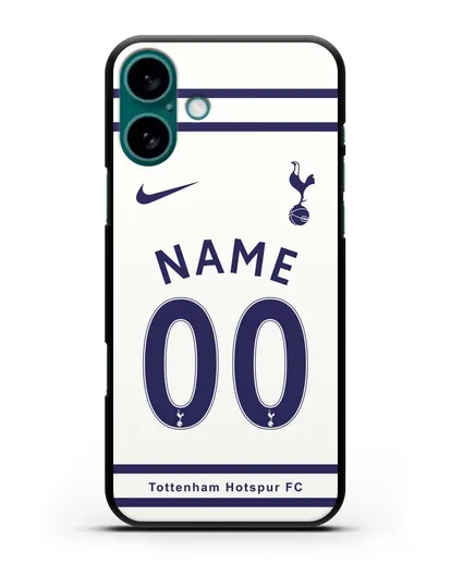 Именной чехол FC Tottenham с фамилией и номером белая форма силиконовый для iPhone 16 Plus