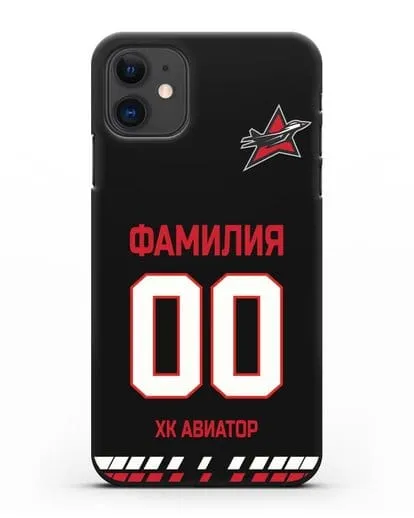 Чехол ХК Авиатор с фамилией и номером (сезон 2019-2020) черная форма силиконовый для iPhone 11