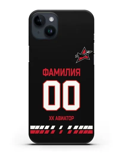 Чехол ХК Авиатор с фамилией и номером (сезон 2019-2020) черная форма силиконовый для iPhone 14 Plus