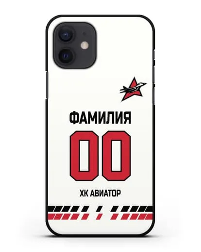 Чехол ХК Авиатор с фамилией и номером (сезон 2019-2020) белая форма силиконовый для iPhone 12