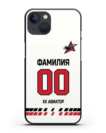 Чехол ХК Авиатор с фамилией и номером (сезон 2019-2020) белая форма силиконовый для iPhone 13