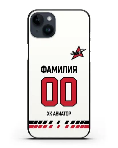 Чехол ХК Авиатор с фамилией и номером (сезон 2019-2020) белая форма силиконовый для iPhone 14 Plus