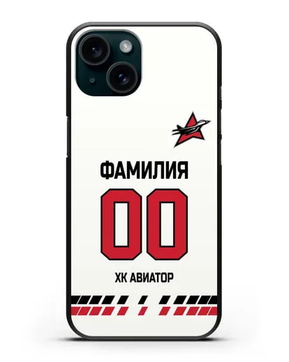 Чехол ХК Авиатор с фамилией и номером (сезон 2019-2020) белая форма силиконовый для iPhone 15