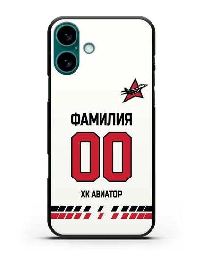 Чехол ХК Авиатор с фамилией и номером (сезон 2019-2020) белая форма силиконовый для iPhone 16 Plus
