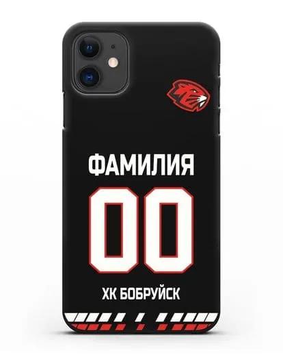 Чехол ХК Бобруйск с фамилией и номером (сезон 2019-2020) черная форма силиконовый для iPhone 11