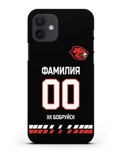 Чехол ХК Бобруйск с фамилией и номером (сезон 2019-2020) черная форма силиконовый для iPhone 12