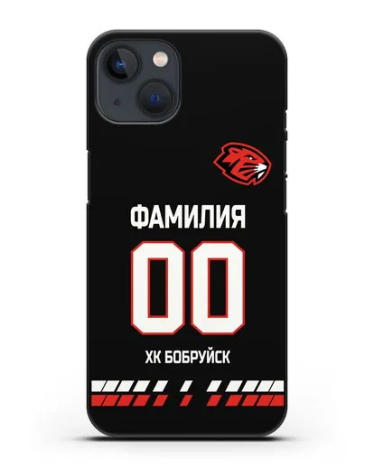 Чехол ХК Бобруйск с фамилией и номером (сезон 2019-2020) черная форма силиконовый для iPhone 13 Mini