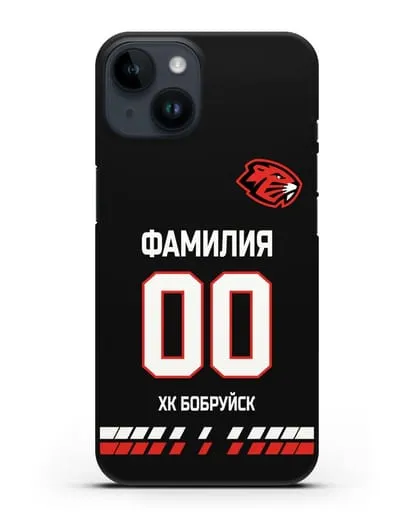 Чехол ХК Бобруйск с фамилией и номером (сезон 2019-2020) черная форма силиконовый для iPhone 14