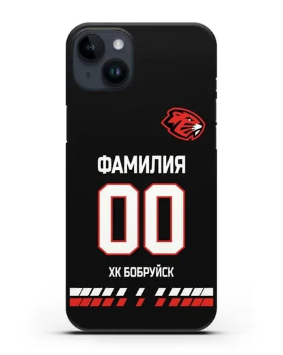 Чехол ХК Бобруйск с фамилией и номером (сезон 2019-2020) черная форма силиконовый для iPhone 14 Plus