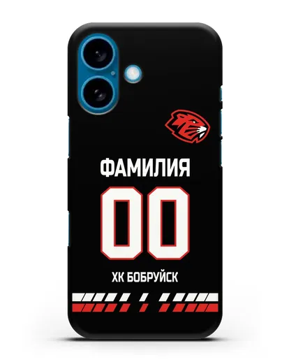Чехол ХК Бобруйск с фамилией и номером (сезон 2019-2020) черная форма силиконовый для iPhone 16