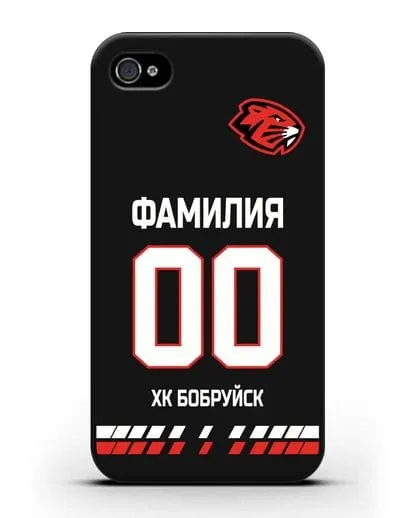 Чехол ХК Бобруйск с фамилией и номером (сезон 2019-2020) черная форма силиконовый для iPhone 4/4s