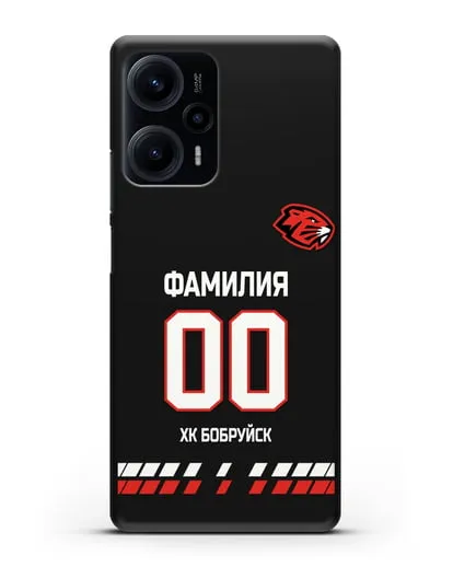 Чехол ХК Бобруйск с фамилией и номером (сезон 2019-2020) черная форма силиконовый для Xiaomi Poco F5