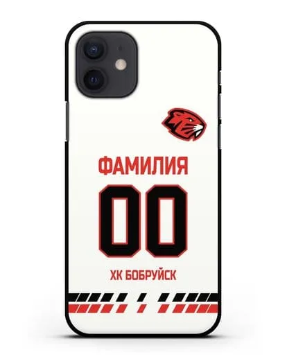 Чехол ХК Бобруйск с фамилией и номером (сезон 2019-2020) белая форма силиконовый для iPhone 12