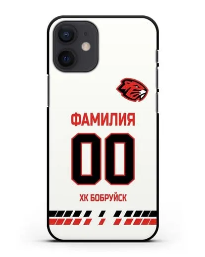 Чехол ХК Бобруйск с фамилией и номером (сезон 2019-2020) белая форма силиконовый для iPhone 12 mini