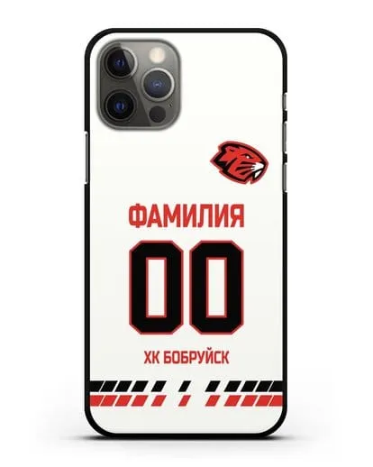 Чехол ХК Бобруйск с фамилией и номером (сезон 2019-2020) белая форма силиконовый для iPhone 12 Pro